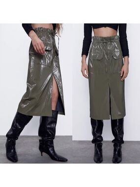 ZARA Green /Grey  Faux Leather Pencil midi skirt Glam Rocker chic  sz medium